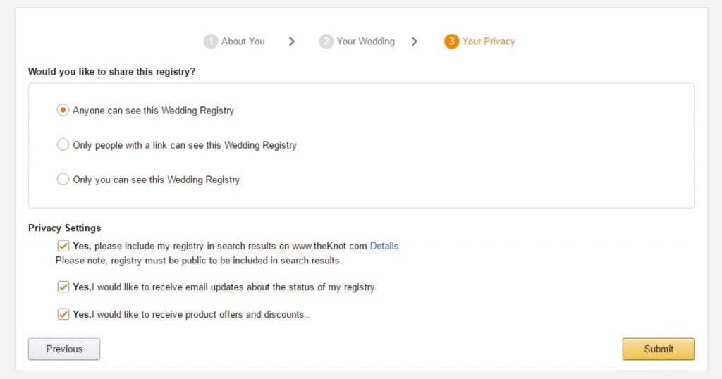 privacy settings of amazon wedding registry