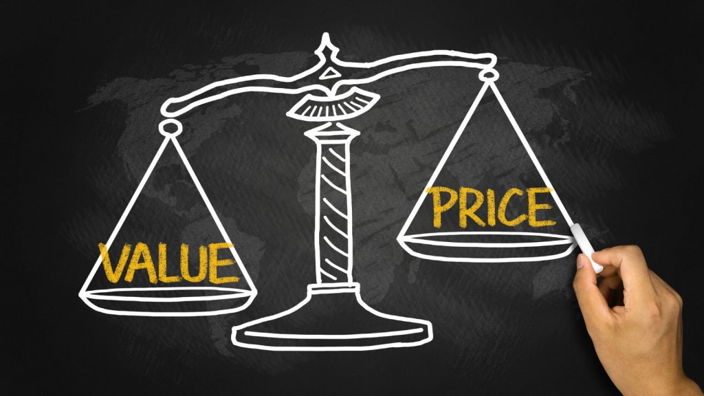 Value to price concept on balance scale